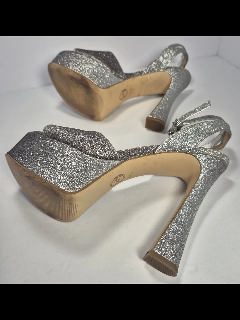 Michael Kors Silver Glitter Chunky Platform Sandals Ankle Strap Buckle Closure